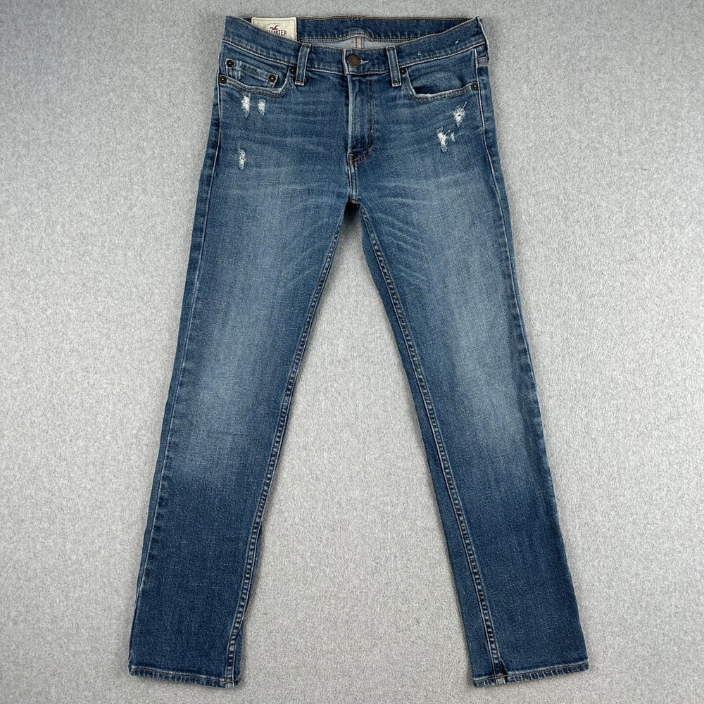 Hollister Jeans Men's 30 Blue Slim Straight Distressed Denim Pants Medium Wash